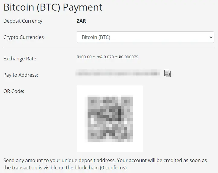 ZAR Casino crypto deposits