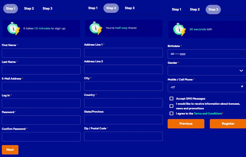 Thunderbolt Casino registration form