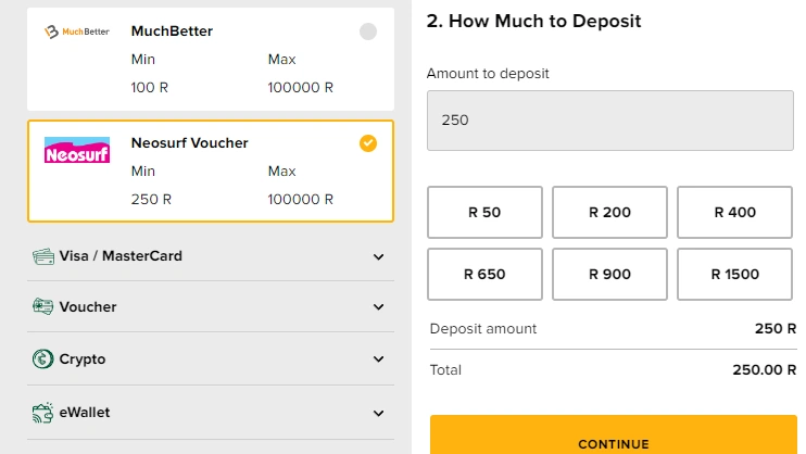Deposit with NeoSurf at Tusk Casino South Africa