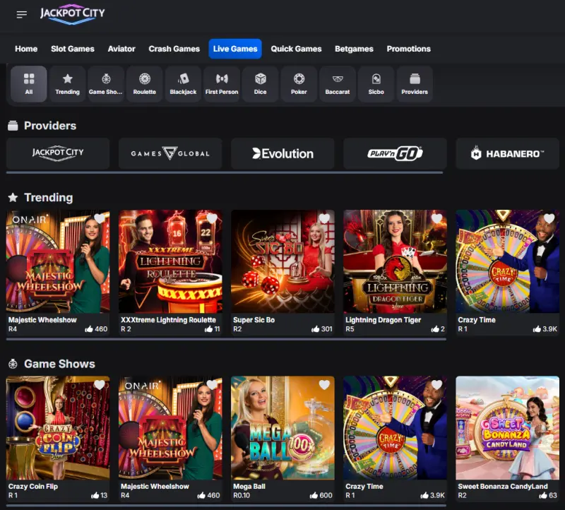 jpc casino live games and game shows